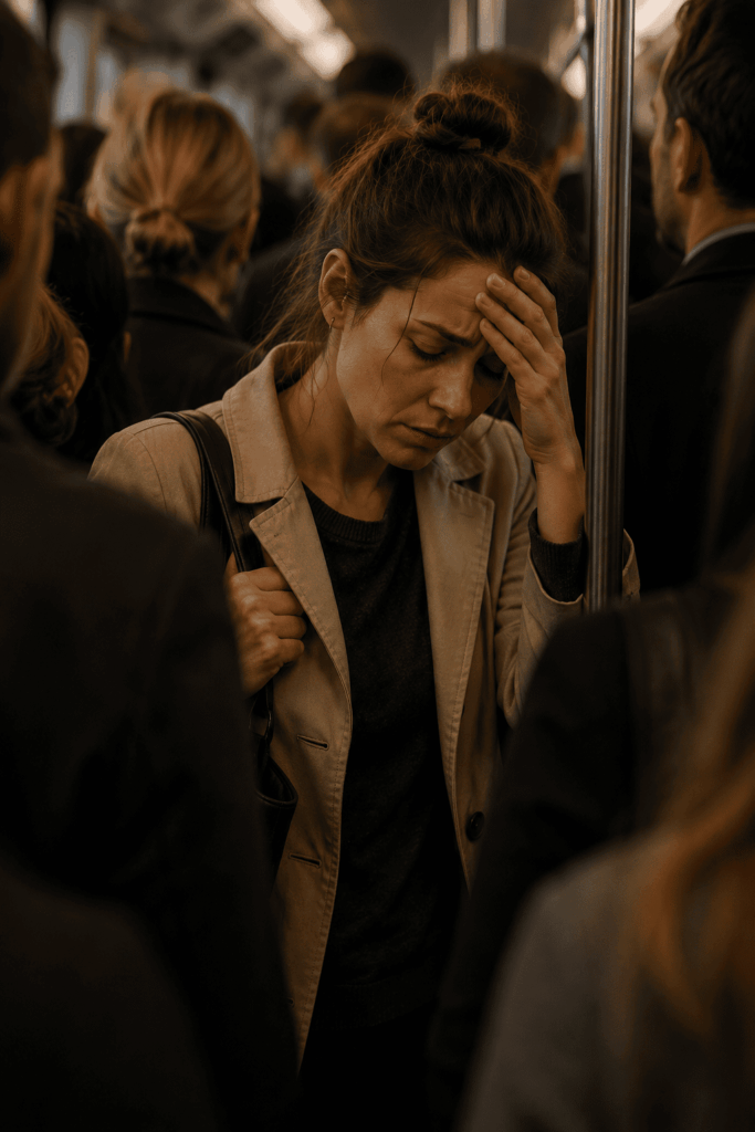 Gestresste junge Frau in einer überfüllten U-Bahn während der Rush Hour – Symbol für Alltagsstress und mentale Überlastung.