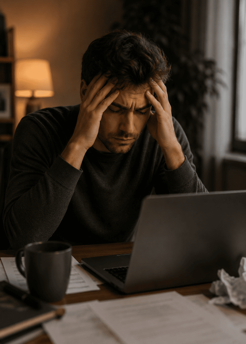 Gestresster junger Mann sitzt erschöpft vor einem Laptop und hält sich den Kopf – Symbol für Stress und mentale Belastung im Berufsalltag.