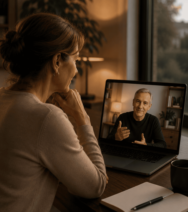Mittelalte Frau im Online-Coaching mit einem erfahrenen Coach per Videoanruf in einer vertrauensvollen Gesprächsatmosphäre.